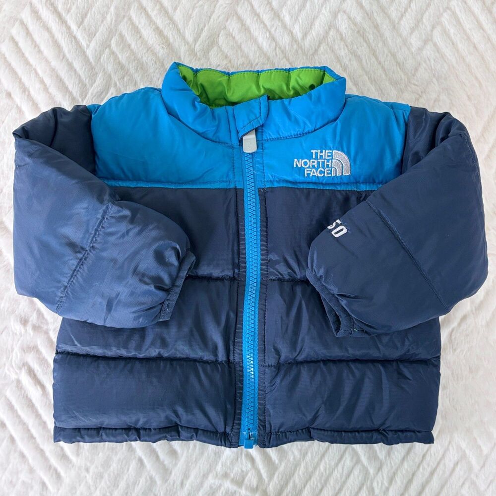 The North Face Baby 3-6M 550 Goose Down Puffer Coat Blue Navy Green Zip Flawed